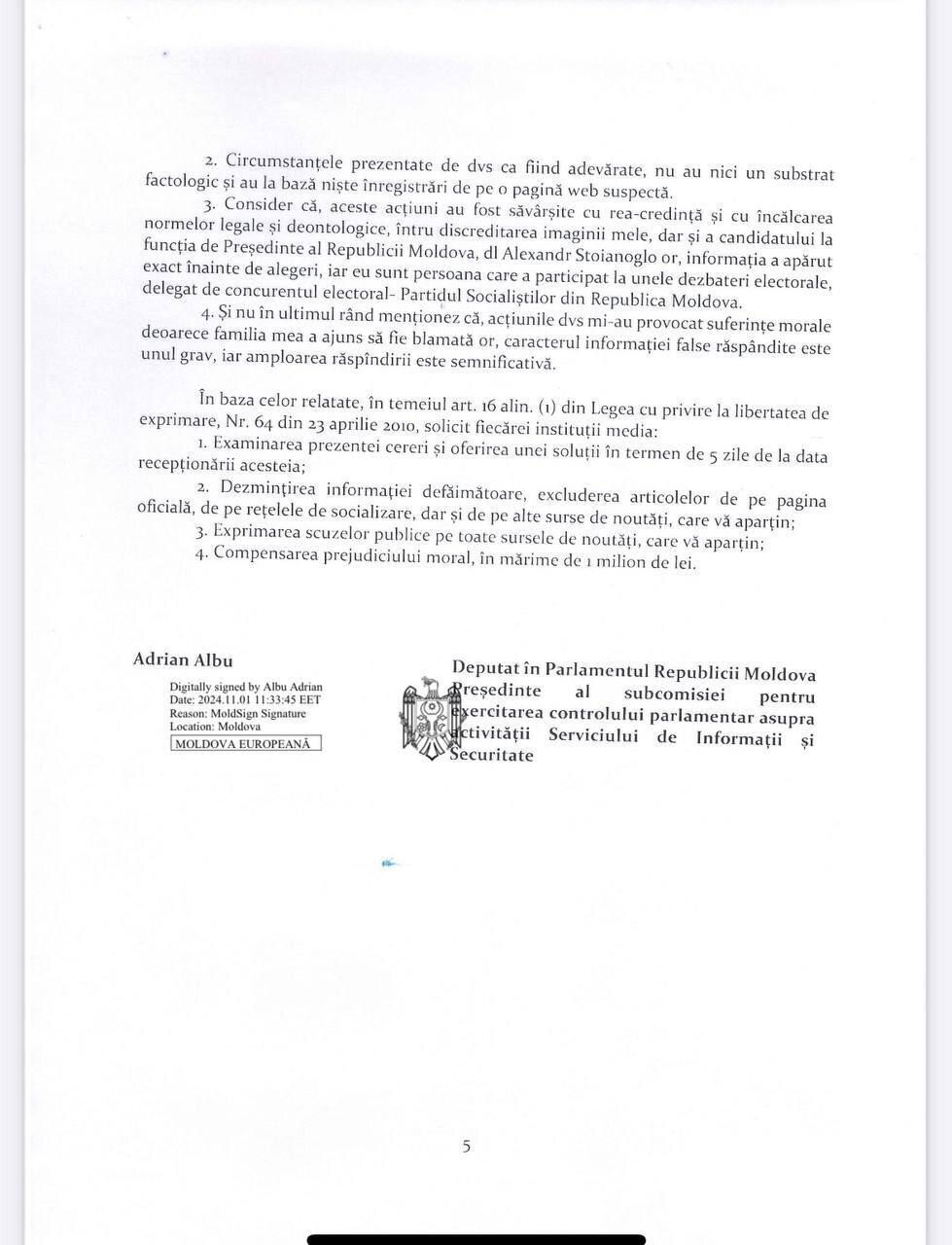 (DOC) Депутат от ПСРМ требует от восьми СМИ 1 млн леев компенсации морального ущерба. Что случилось