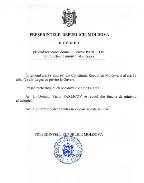 (DOC) Майя Санду подписала указ об отставке министра энергетики Виктора Парликова