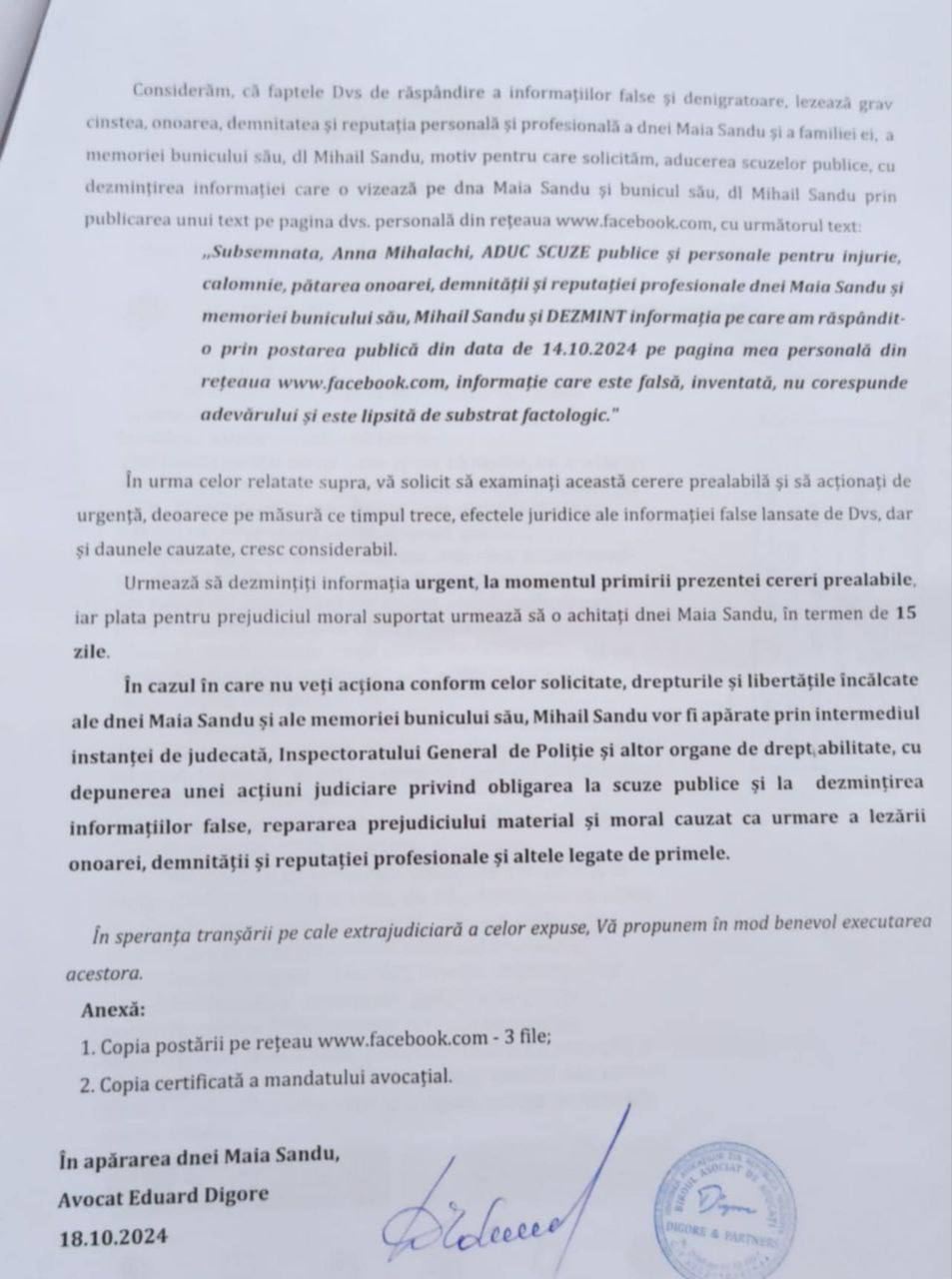 Scuze publice și 50 000 de lei. Cererea prealabilă a Maiei Sandu de chemare în judecată, scursă pe internet (DOC)