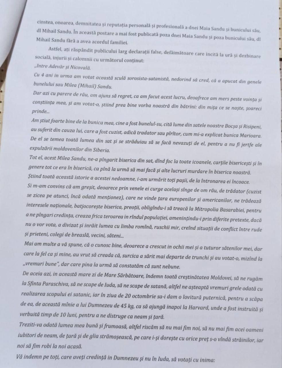 Scuze publice și 50 000 de lei. Cererea prealabilă a Maiei Sandu de chemare în judecată, scursă pe internet (DOC)