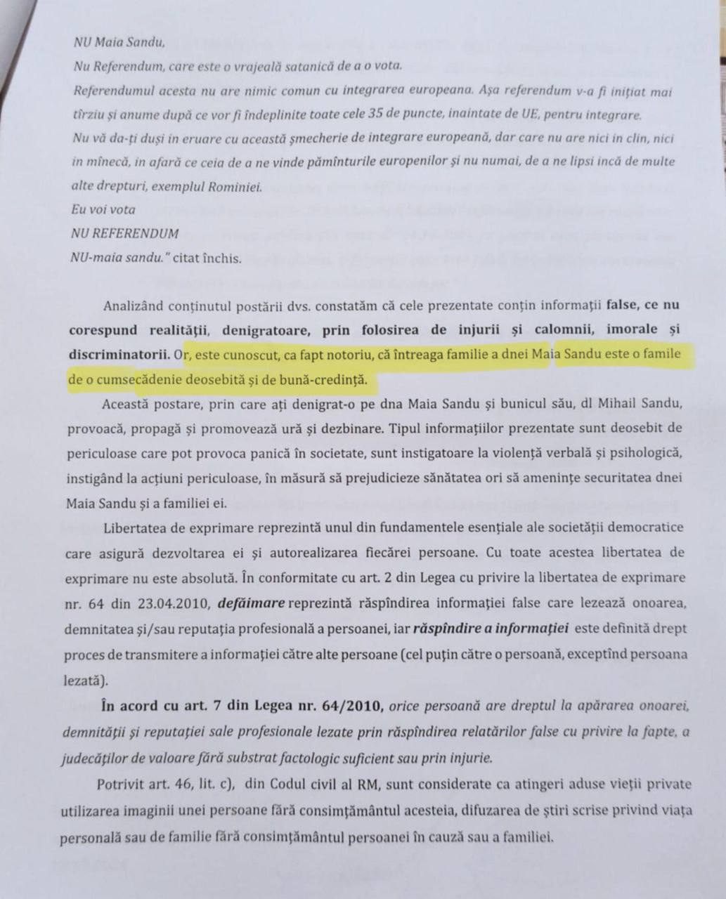 Scuze publice și 50 000 de lei. Cererea prealabilă a Maiei Sandu de chemare în judecată, scursă pe internet (DOC)