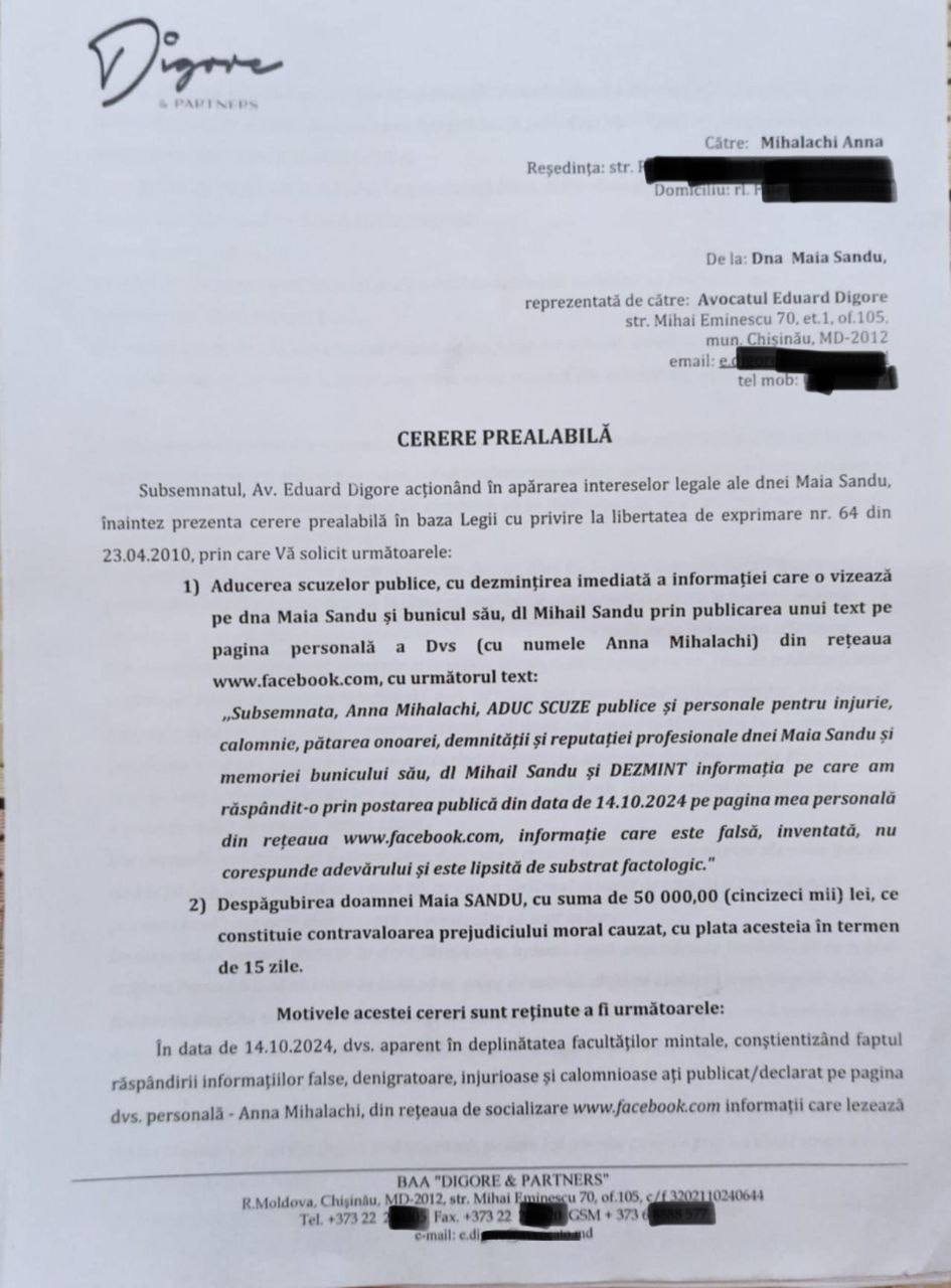 Scuze publice și 50 000 de lei. Cererea prealabilă a Maiei Sandu de chemare în judecată, scursă pe internet (DOC)