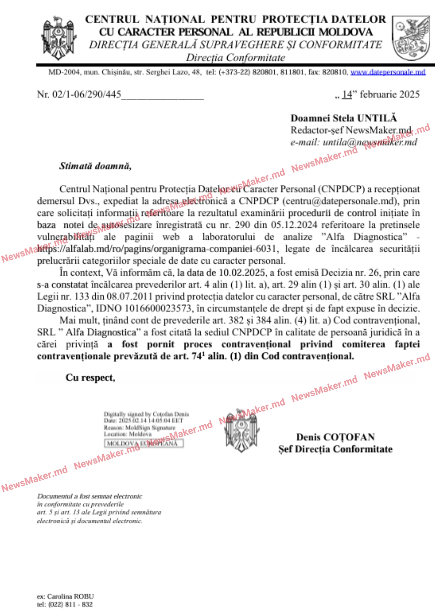 (DOC) В Молдове против лаборатории Alfa Diagnostica возбудили административное дело из-за утечки медицинских данных