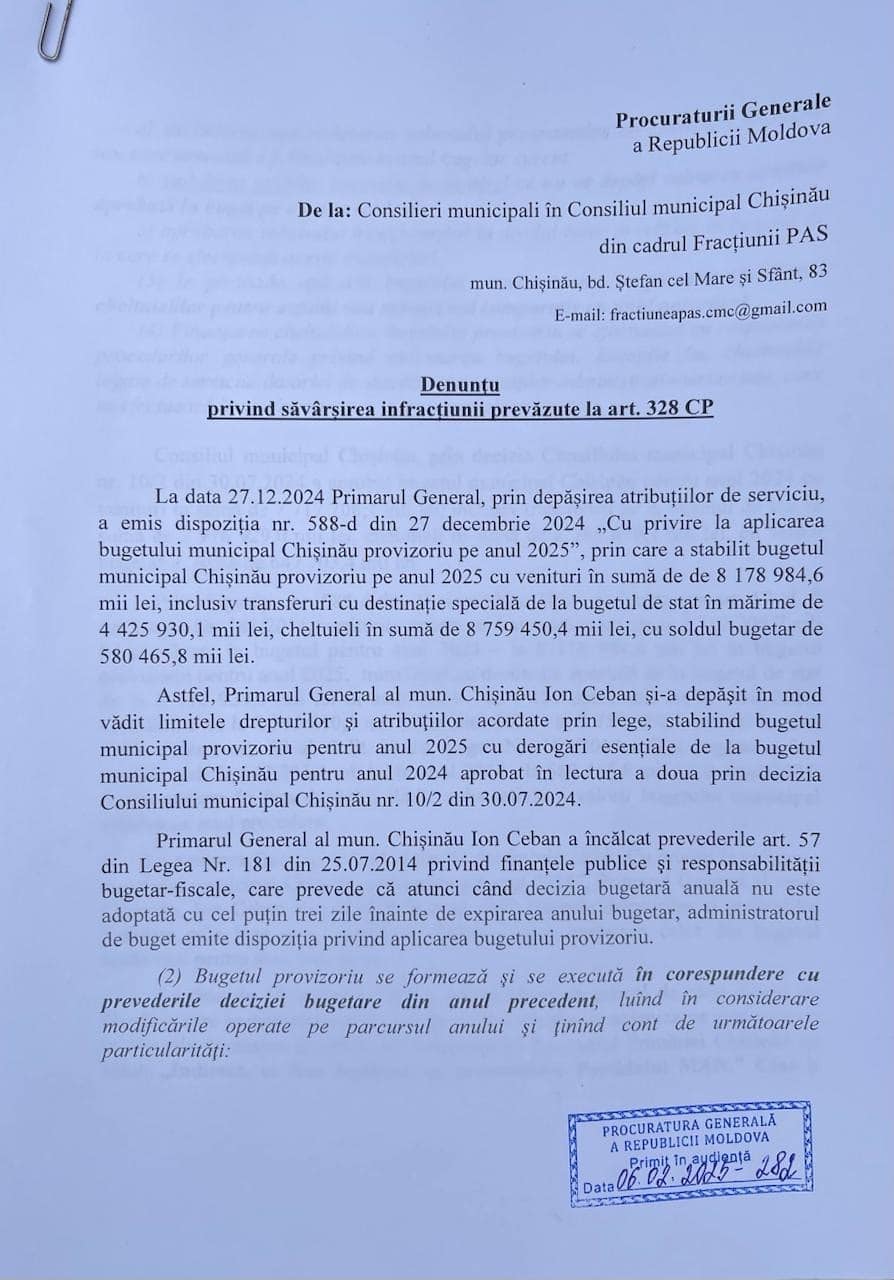 Denunț la Procuratura Generală. Consilieri PAS: „Primarul a depășit flagrant atribuțiile de serviciu”