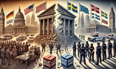 DALL·E 2025-02-23 08.28.03 - A symbolic illustration of political trust decline. On one side, crumbling buildings representing parliaments, governments, and political parties with